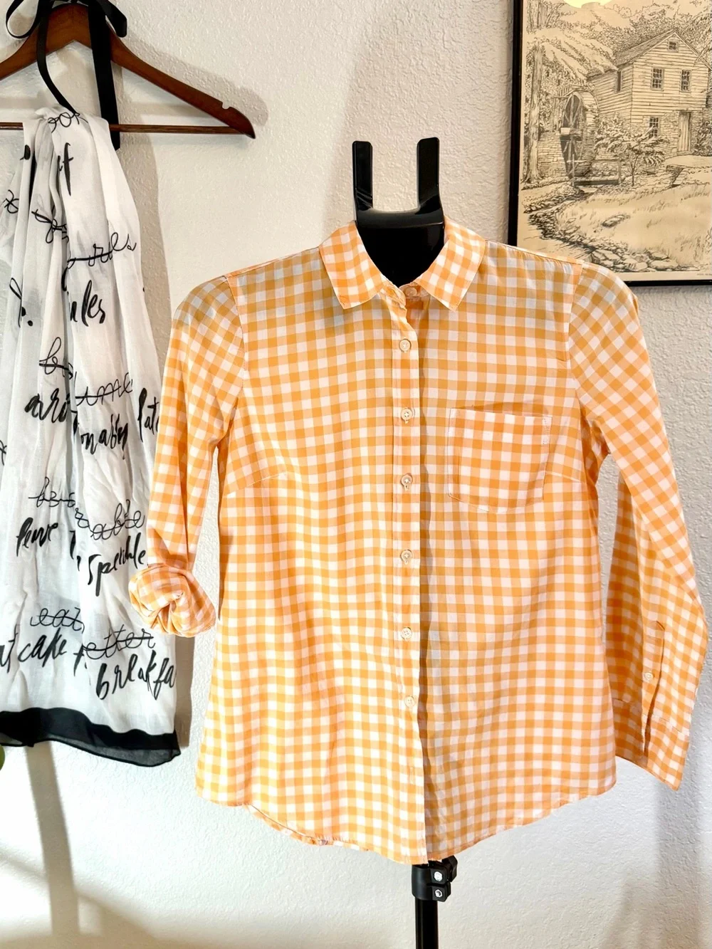 J.Crew Gingham Button Down Shirt XS Orange White Cottagecore